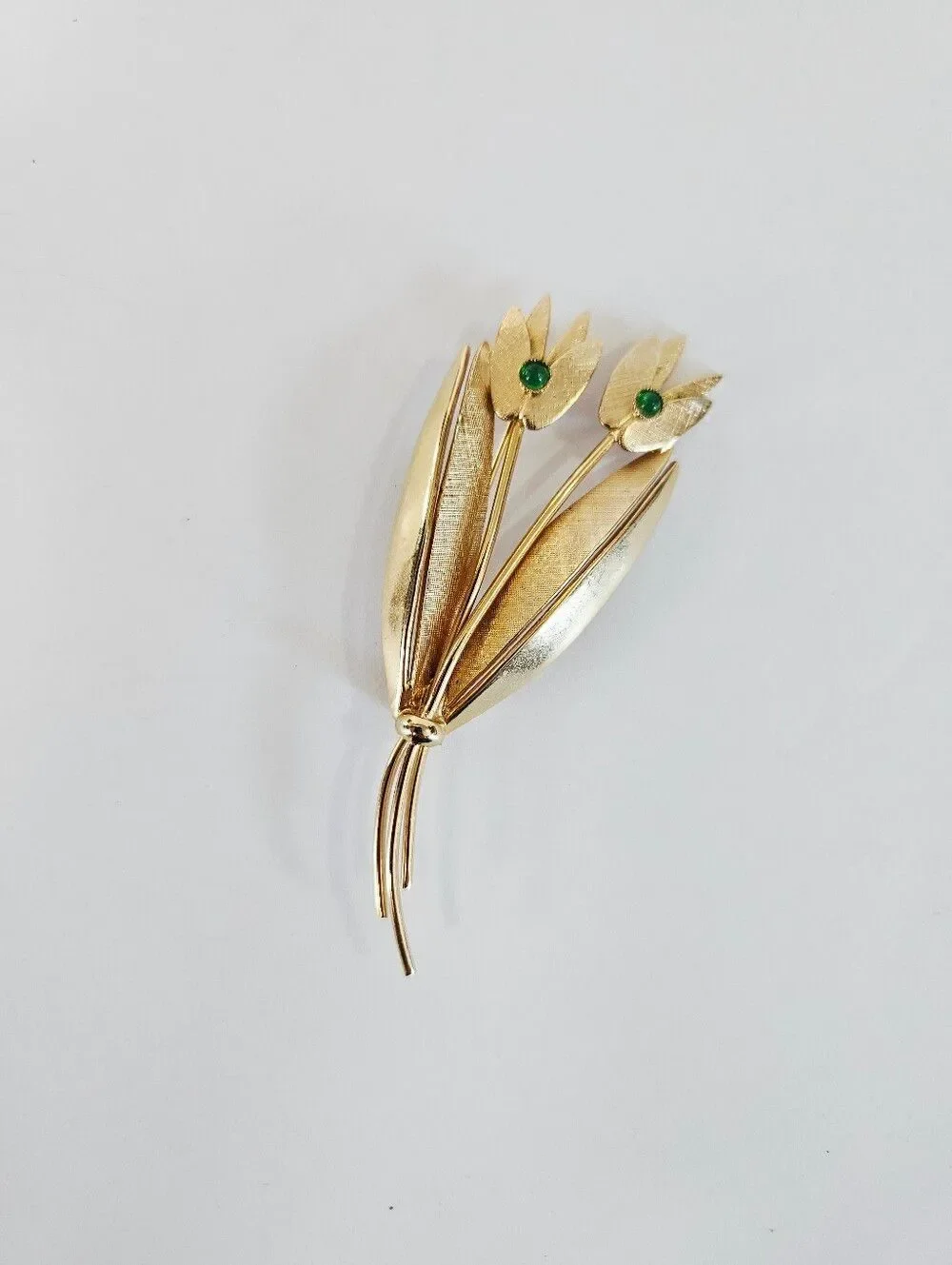 Vintage Signed Brasil Gold Tone Large Floral Sprig Green Stone Accent Brooch Pin